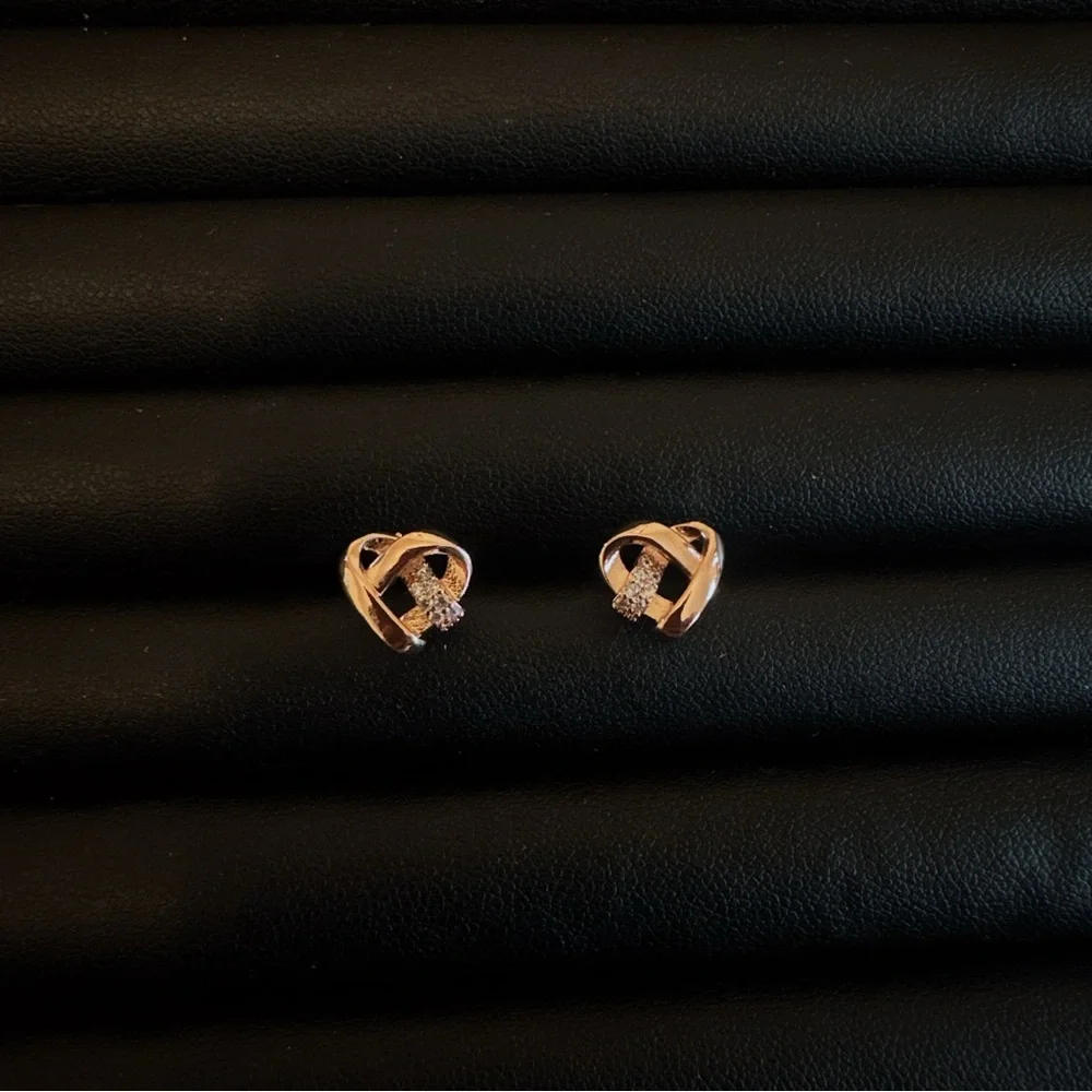 Women’s Gold Heart Knot Stud Earrings with CZ Accents Minimalist Dainty Style